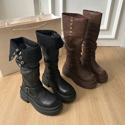 Коричневые ретро ботинки на толстом каблуке и платформе в британском стиле женские 2025 новая осень и зима ботфорты до колена