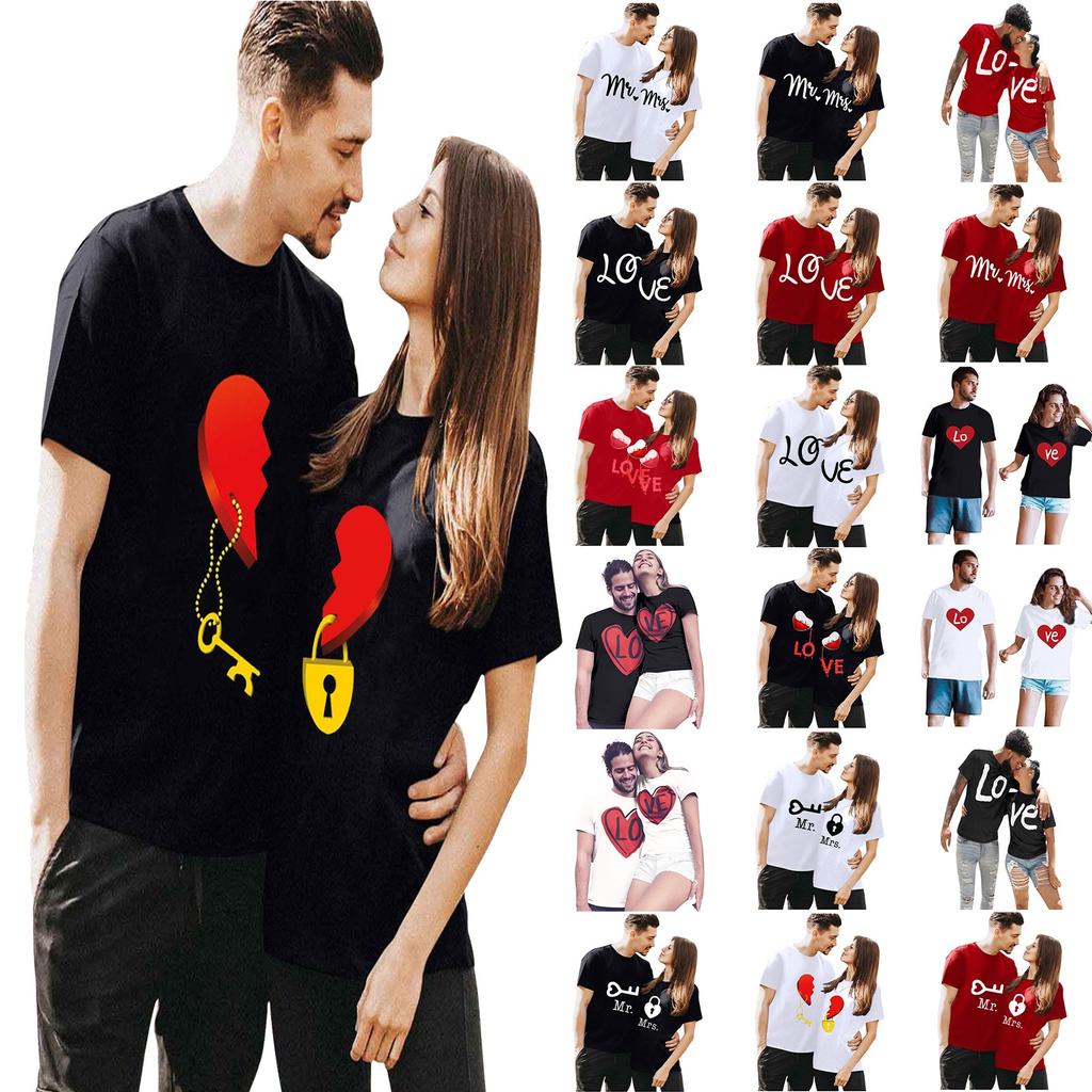 Men Women Valentine's Day Blouses Round Neck Letter Love Print Couples Shirts Tops