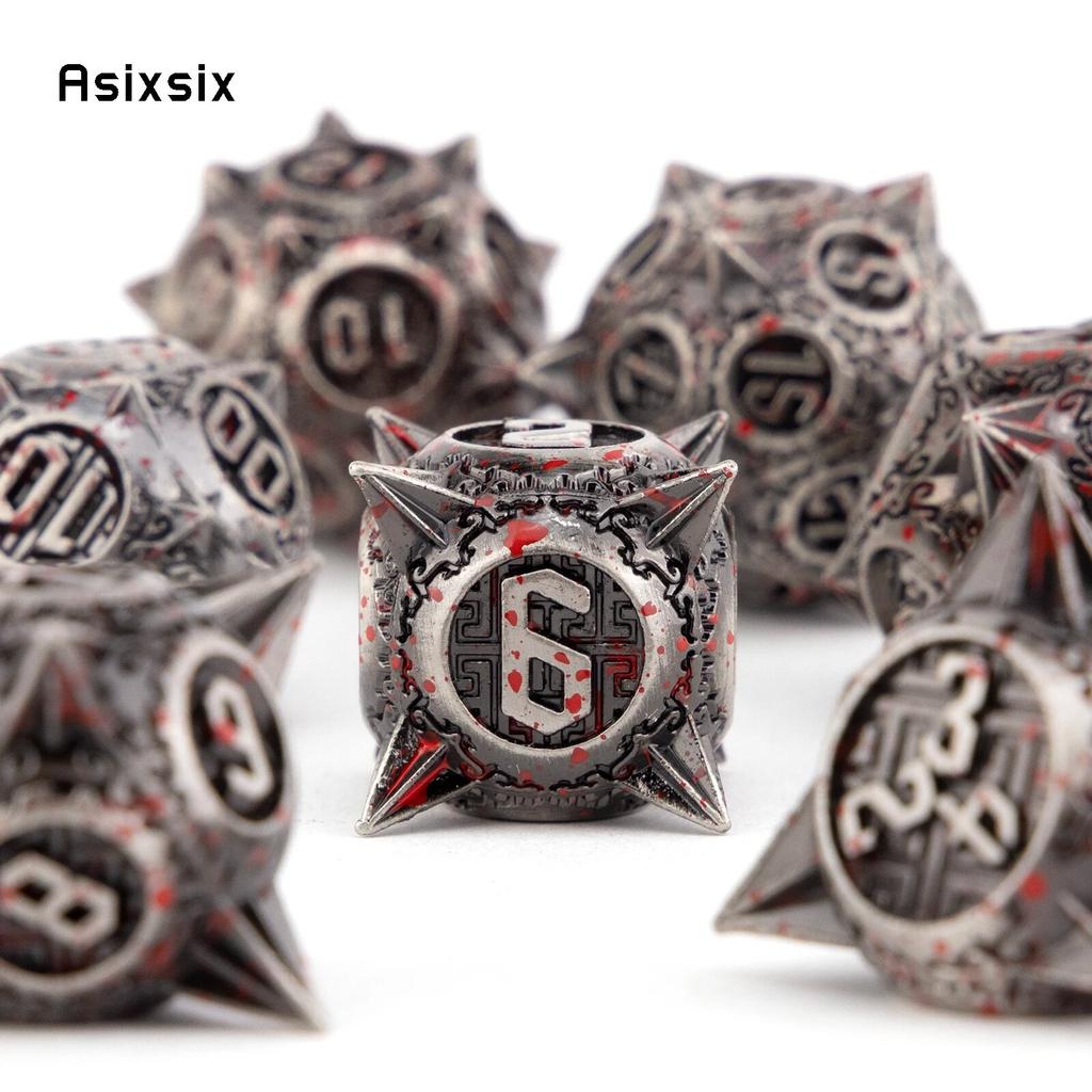 7 Pcs Silver Red Meteor Hammer Metal Dice Solid Metal Polyhedral Dice Set Suitable for Role-Playing RPG  Board Game Card Game