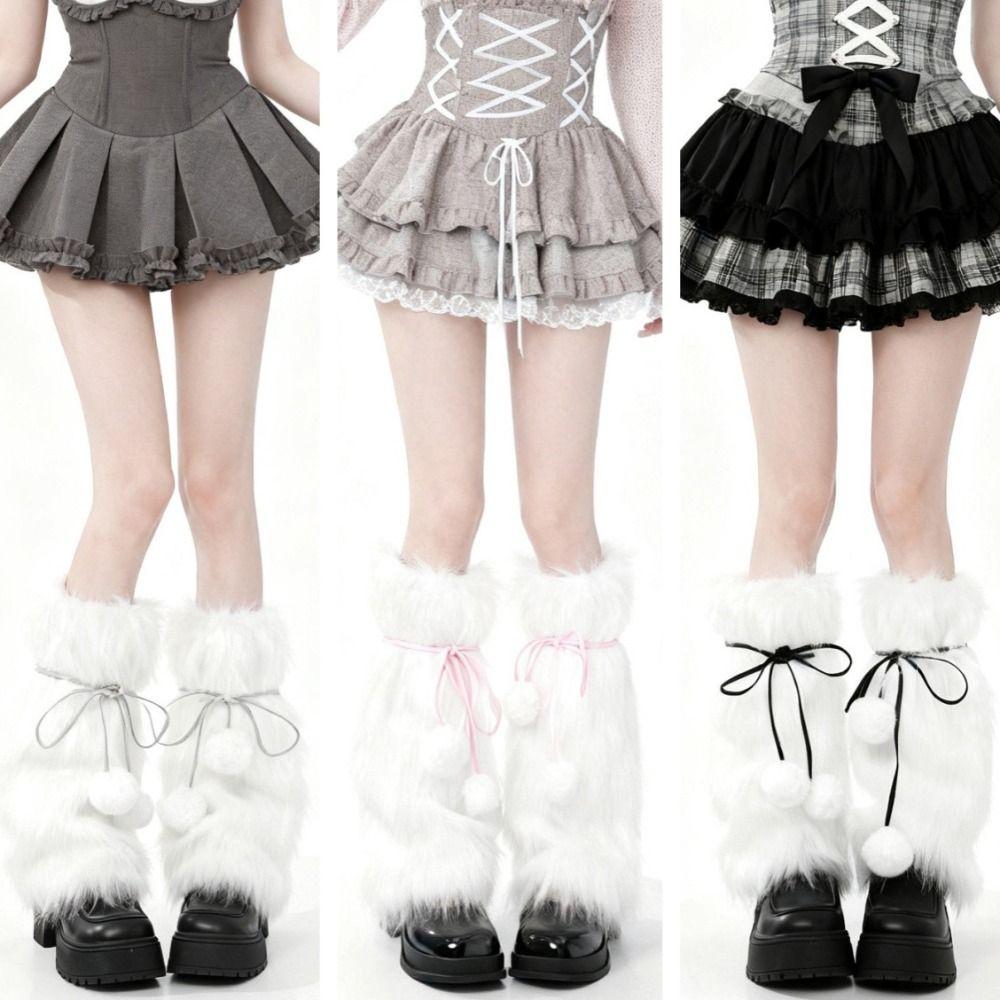 Plush Ball Winter Leg Warmers Knitted Long Stockings Fashion Furry Leg Warmers Streetwear