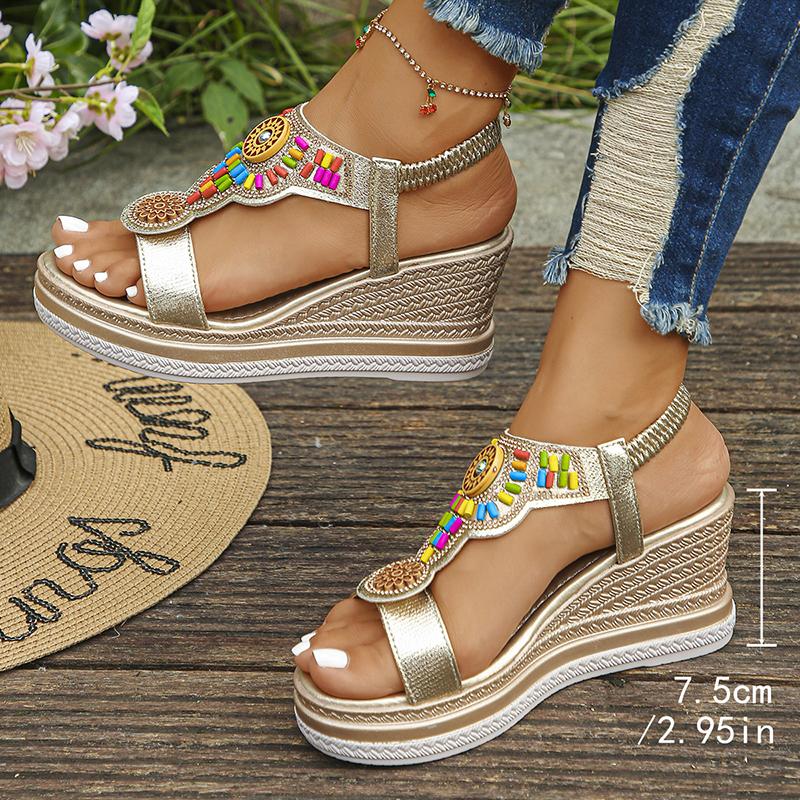 Fashion Bohemian Style Chunky Platform Sandals Women 2025 String Bead Wedges Sandles Woman Plus Size Slip On Gladiator Sandals Female