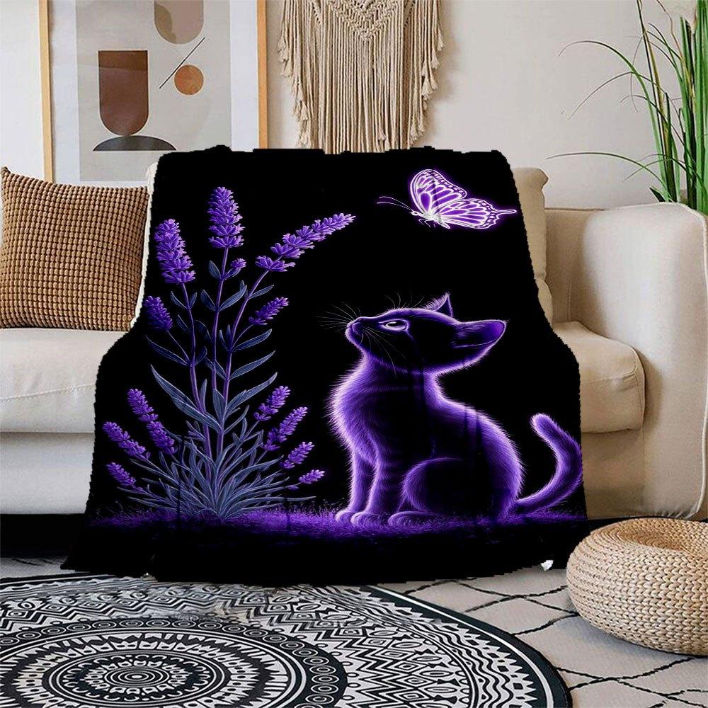 Purple Butterfly Lavender Cat Wall Art Print PosterBlanket Flannel Throw Blanket for Sofa, Bed, Travel, Camping, Office
