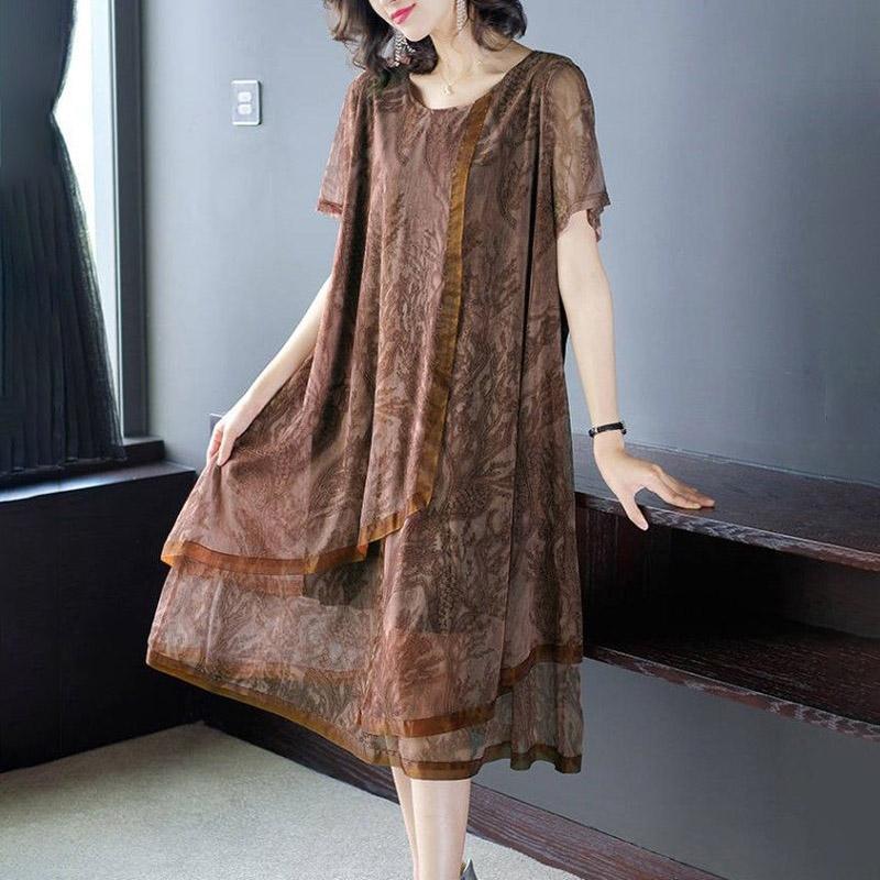 Платье женское летнее большого размера широкое свободное винтажное поддельное двухсекционное кружевное шелковистое мягкое простое повседневное длинное платье