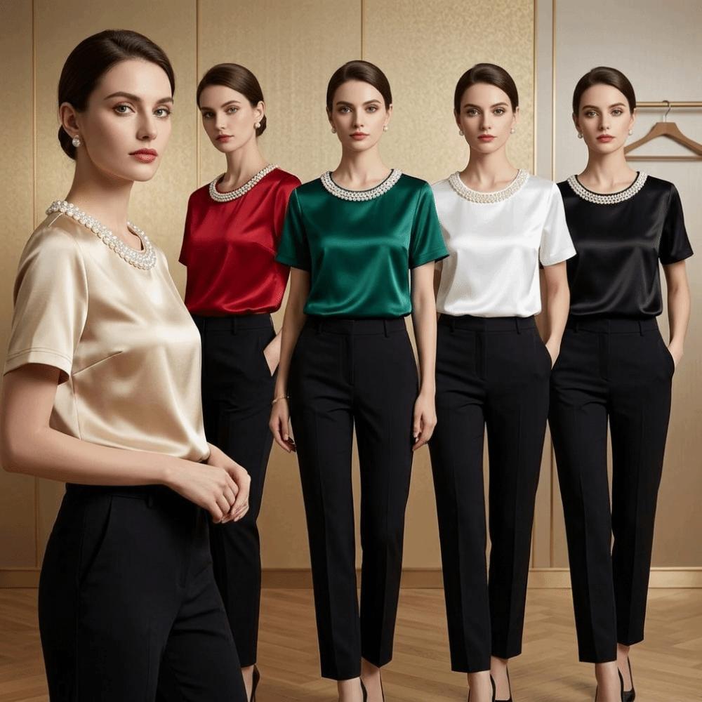 Elegant Satin Silk T-Shirt Loose Short Sleeve Top Pearl Collar T-Shirt Everyday Wear