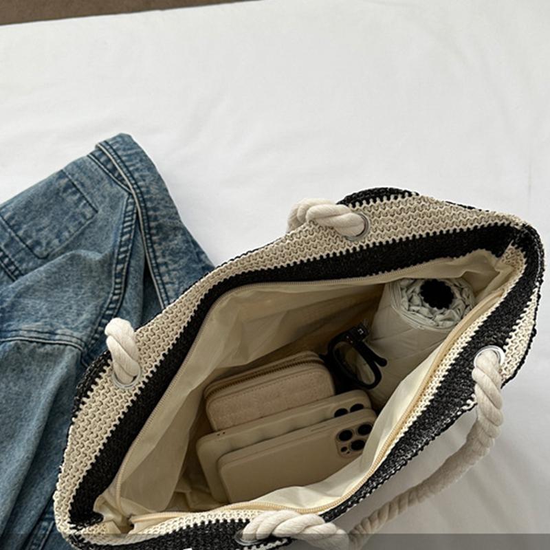 Yogodlns Женская тканая пляжная сумка большой емкости, полосатые сумки на молнии, соломенная сумка в стиле ретро, женская летняя повседневная сумка