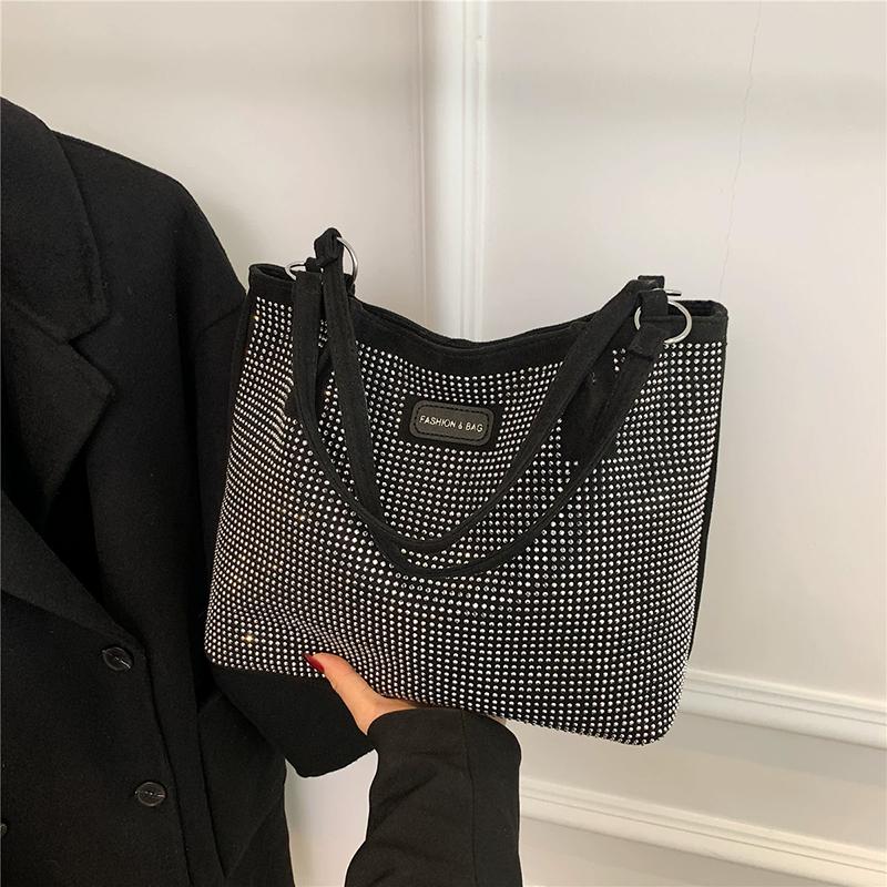 Hasp Pu Ladies Shoulder Bags Rhinestone Design Sewing Thread Bags for Women New Fashion Underarm Shopper Totes CLE