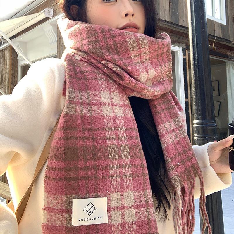 New Autumn and Winter Scarf Women's High-end Atmosphere Pink Plaid Couple Shawl