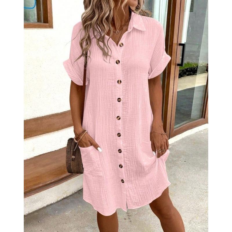 Fashion Short Sleeve Women Summer Shirt Dress New Elegant Lapel Loose Plus Size Simple Button Casual Party Dresses Single Breasted Women's Clothing