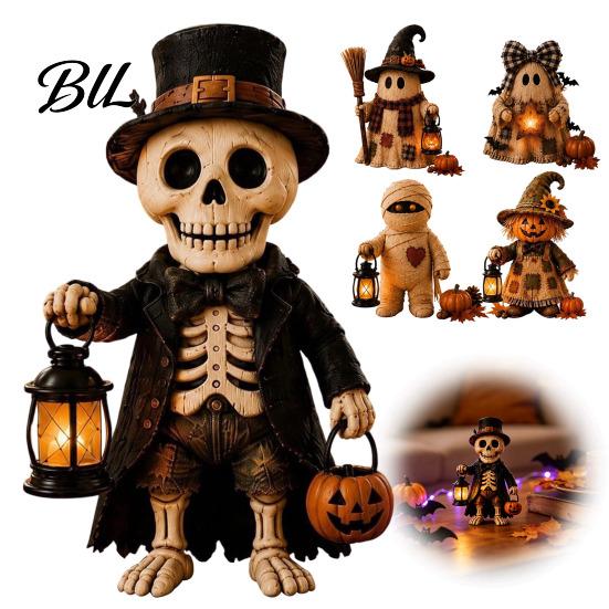 Indoor Festive Home Accents Wooden Halloween Figurine with Lantern, Pumpkin Scarecrow Skeleton Mummy Ghost Witch Artistic Carved Wood Decor