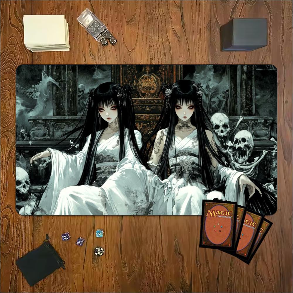 Game Playmat Dark Gothic Goddess Skeleton Print Stitched Edge Anti‑Slip Rubber Mat for Board Card Game Desk Home Office Use