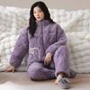 Трехслойная стеганая пижама женская зимняя утолщенная и бархатная из кораллового флиса стеганая куртка теплая домашняя одежда комплект на молнии со стойкой