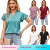 Летняя футболка в европейском и американском стиле, новый женский атласный топ с v-образным вырезом и рюшами на рукавах, модный офисный топ S-2XL