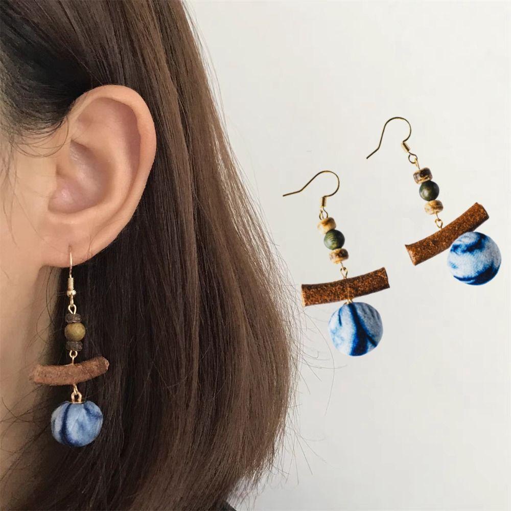 Textured Wood Beads Earring Drop Chinese Vintage Eardrop Unique Tie-Dye Earrings  Women