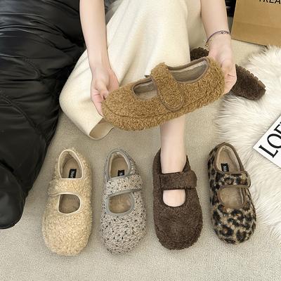 Леопардовый принт Мэри Джейн пушистые туфли женские зима 2025 новые уродливо милые хлебные хлопковые туфли на липучке плоские плюшевые одинарные туфли
