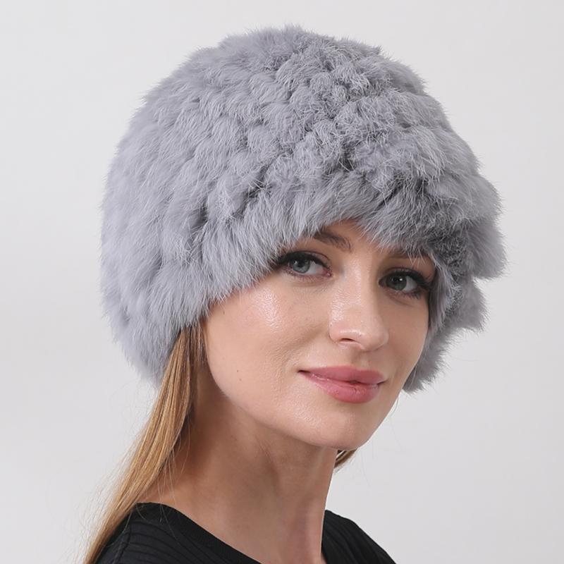 Вязаная шапка из кролика с натуральным мехом для тепла зимой