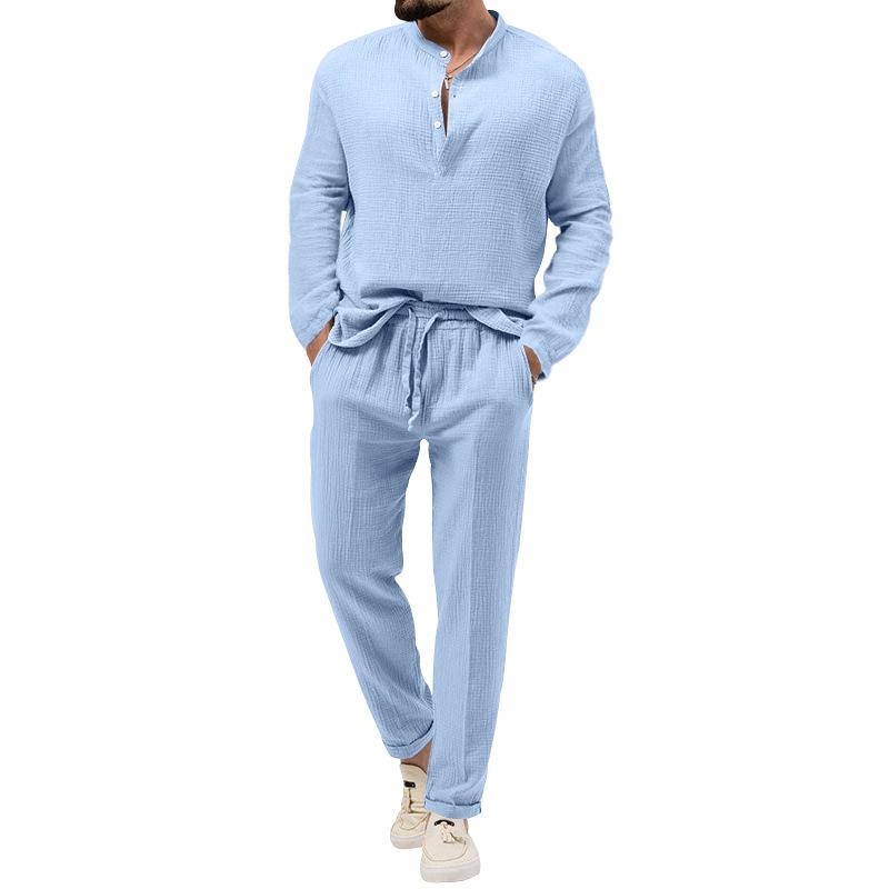 Men's Spring and Autumn 2 Piece Long Sleeve Shirt and Long Pants Set Casual Solid Stand Collar Drawstring Tracksuit