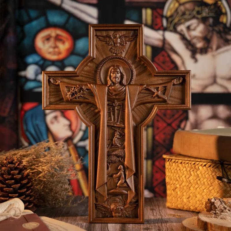 Christian Wooden Easter Catholic Cross Jesus Statue, Interior Religious Wall Decoration Baptismal Gift