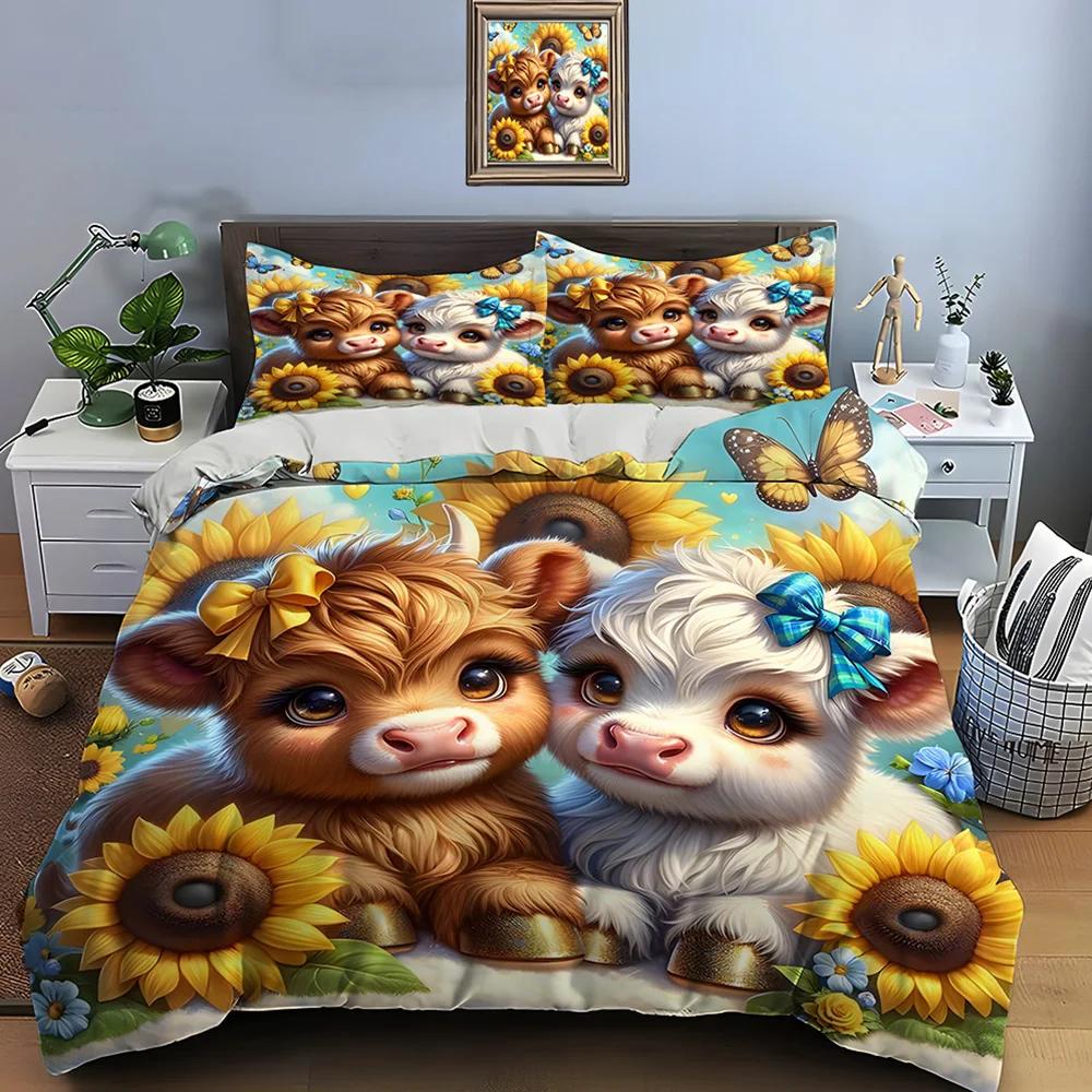 Постельный комплект с принтом шотландского скота Милый североамериканский пододеяльник 1 пододеяльник 2 наволочки Постельный комплект для взрослых и детей Роскошь