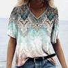 Summer V-neck 3D Vintage Ethnic Printed Top Fashionable Casual Bohemian Style Short Sleeved Women's T-shirts