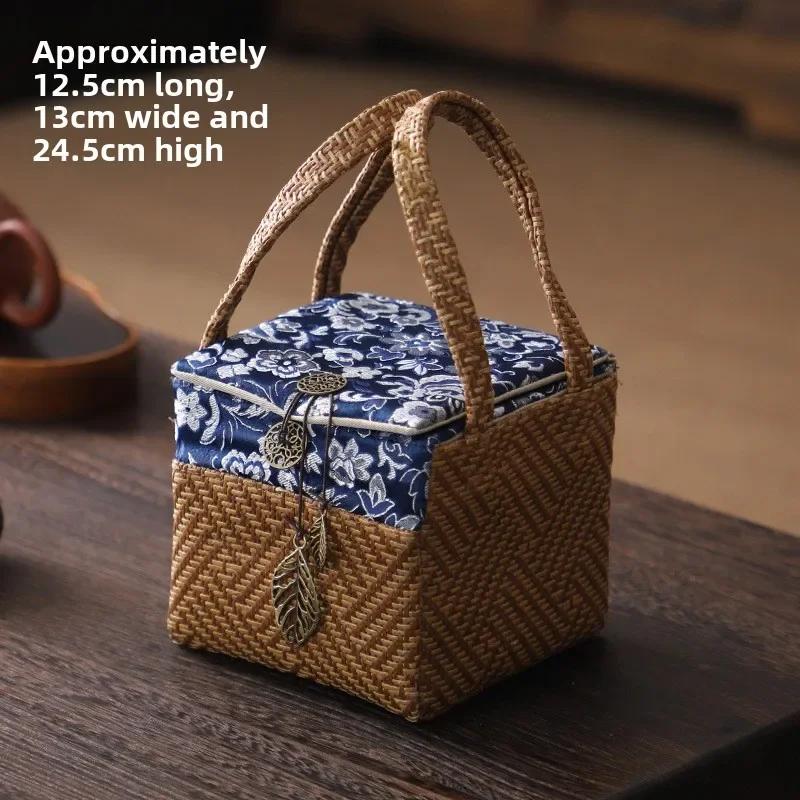 Handmade Woven Tea Ware Storage Bag, Fabric - Patchwork & Padded, Portable Handle, Teapot/Cup Organizer (Multi - Color)