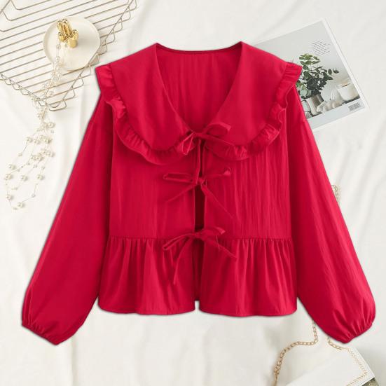 Yousheng женская рубашка с кукольным воротником, пышная рубашка на шнуровке с длинными рукавами, топы, однотонная рубашка свободного покроя с рюшами на подол, уличная одежда