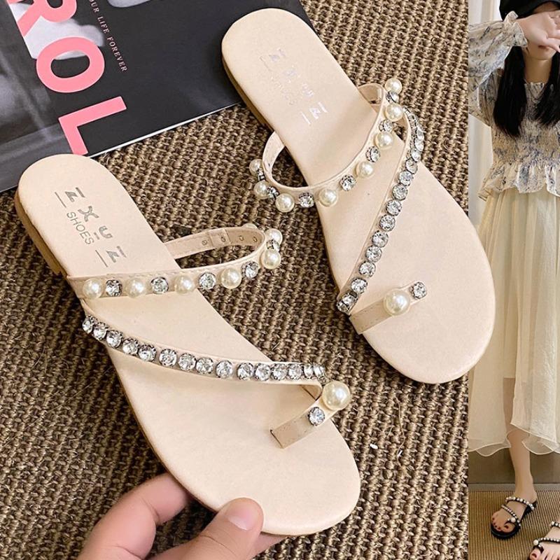 2024 Новые модные женские тапочки, летняя однотонная верхняя одежда с кристаллами, бисером, квадратным корнем, с открытым носком, женская обувь, удобная