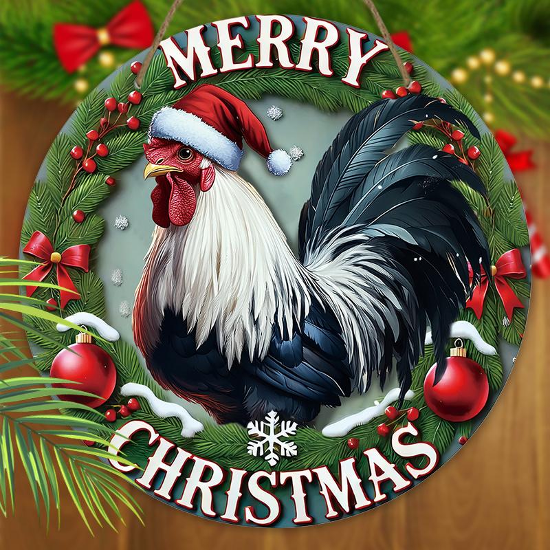 Величественный Петух Деревянный Рождественский Знак, Круглый Знак «Счастливого Рождества» для Декора на Входную Дверь или Стену, Идеальный Рождественский Подарок