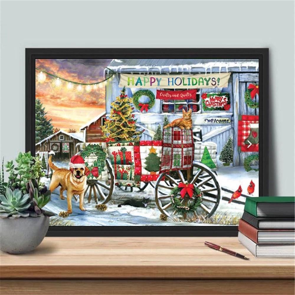 Полная квадратная алмазная вышивка Рождественская собака Алмазная картина Зимняя вышивка крестом Дом Мозаика Животное Новогодний подарок