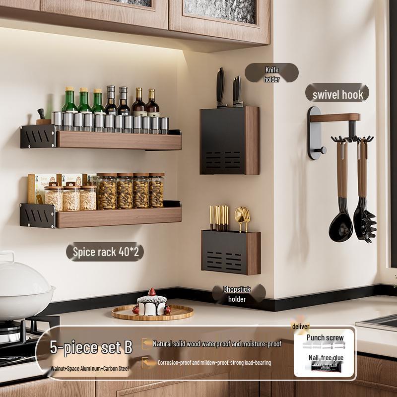Punch-Free Wall-Mounted Walnut Kitchen Storage Rack: Multi-Layer Spice Shelf