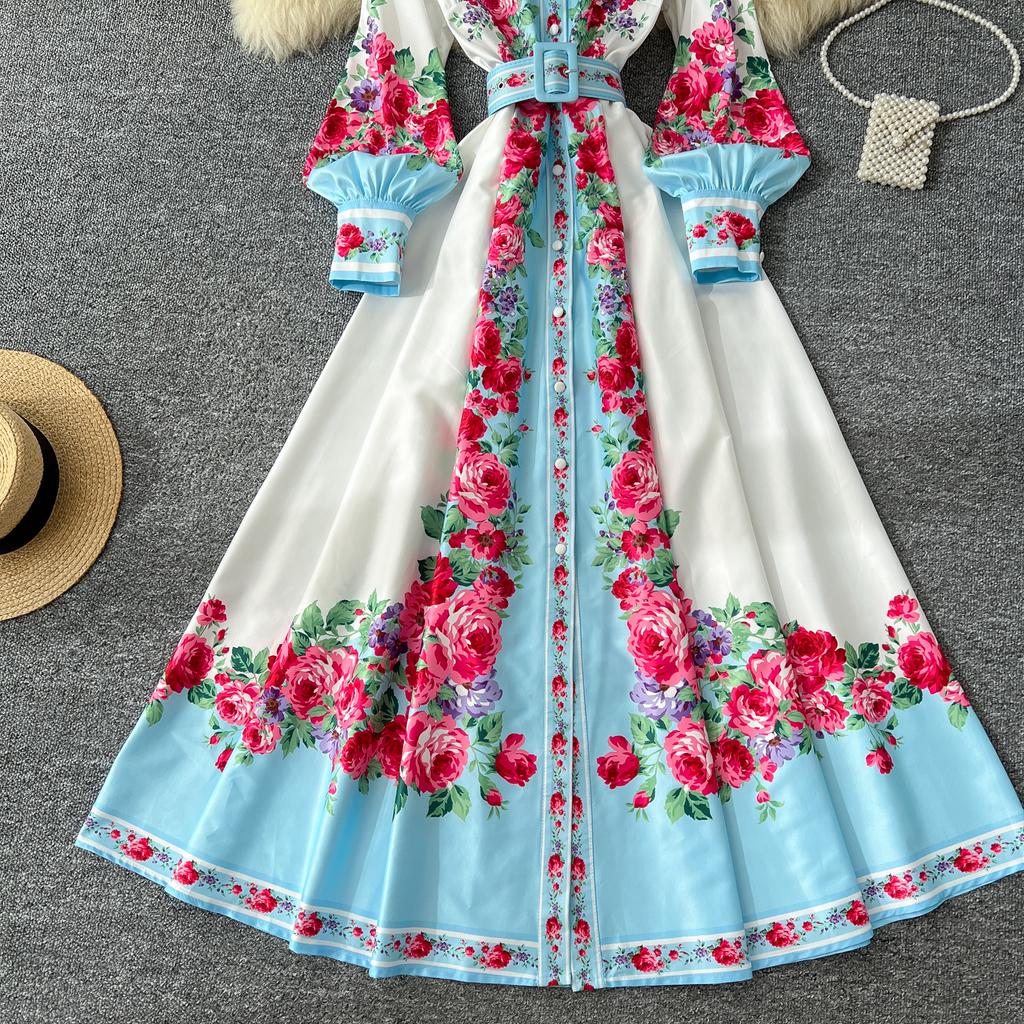 Весенние женские винтажные принты с отложным воротником, однобортная рубашка, длинные макси, праздничные пляжные платья с поясом