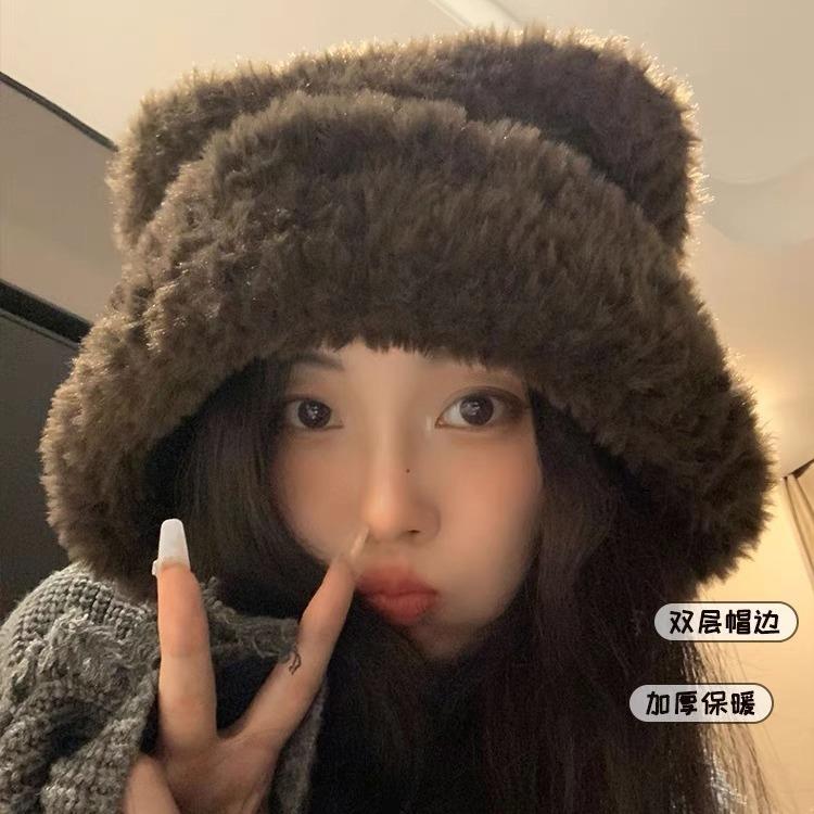 Korean Version Of Cute Bear Plush Hat Women'S Autumn And Winter Warm Big Head Circumference Ear Protection Wool Hat Knitted Hat Shows Small Face