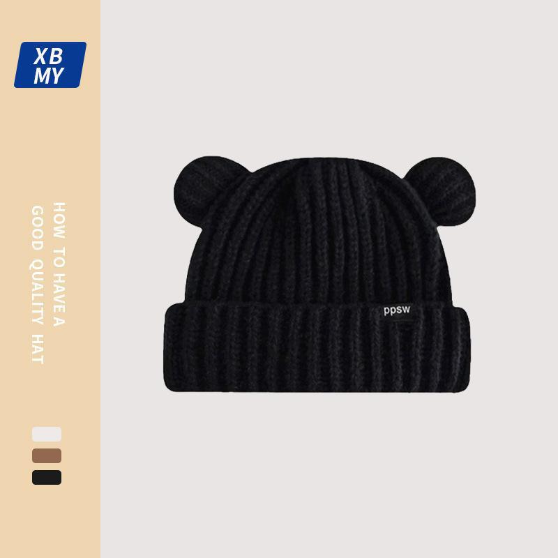 Bear ear hat female winter cute big head circumference knitted wool hat thickened warm ear protector head cold hat