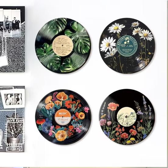 4 Pcs Wooden Record Floral Slice Vinyl Wall Art Vintage Record Replica Wall