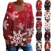 Women's Fashionable Casual Long Sleeved Christmas Printed V Neck Loose T Shirt Top