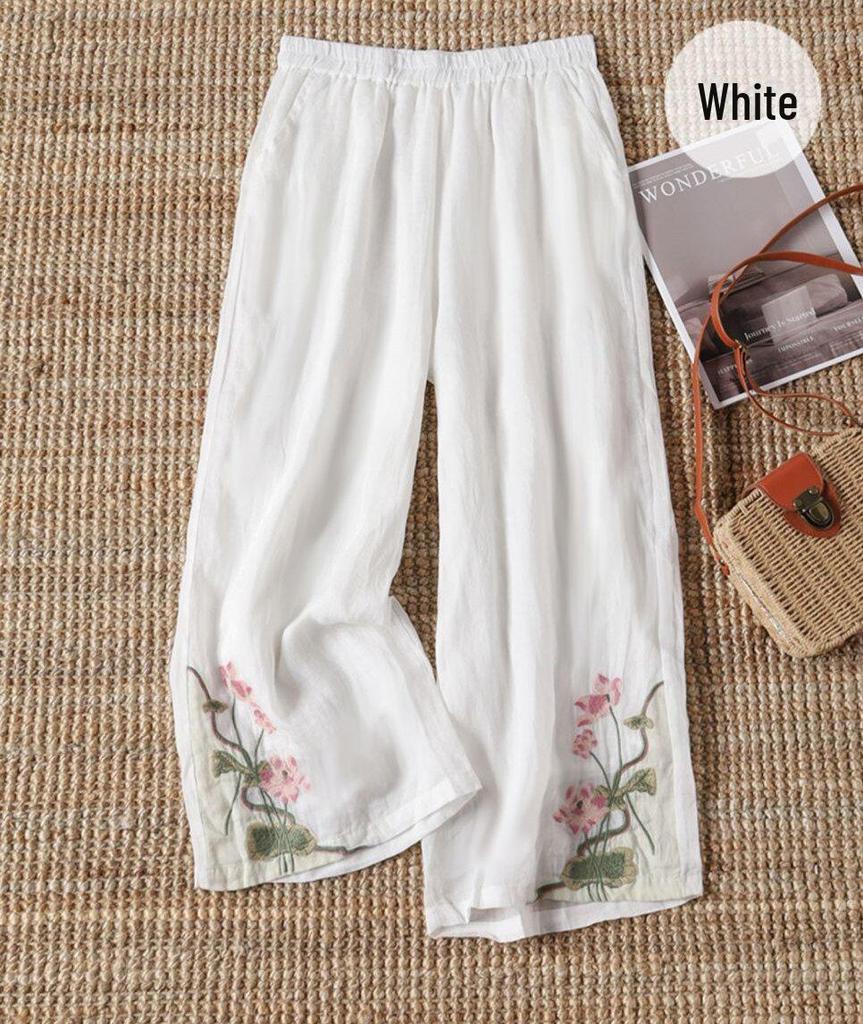 Women's Summer Chinese-Style Embroidered Elastic Wide-Leg Pants