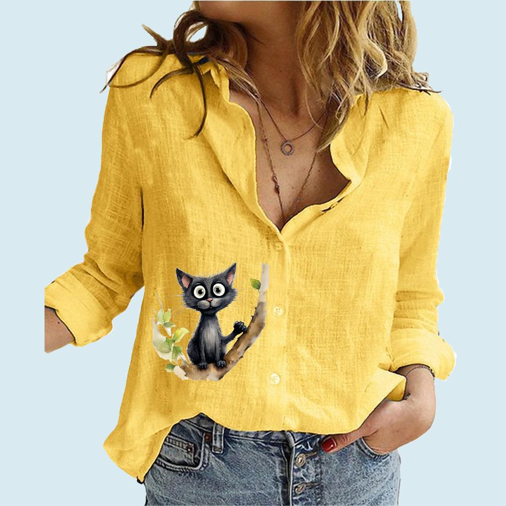 Women Fashion Buttoned Long Sleeve Shirt Ladies Casual Thin Cotton Linen Top Cat Print Long Sleeved Blouse