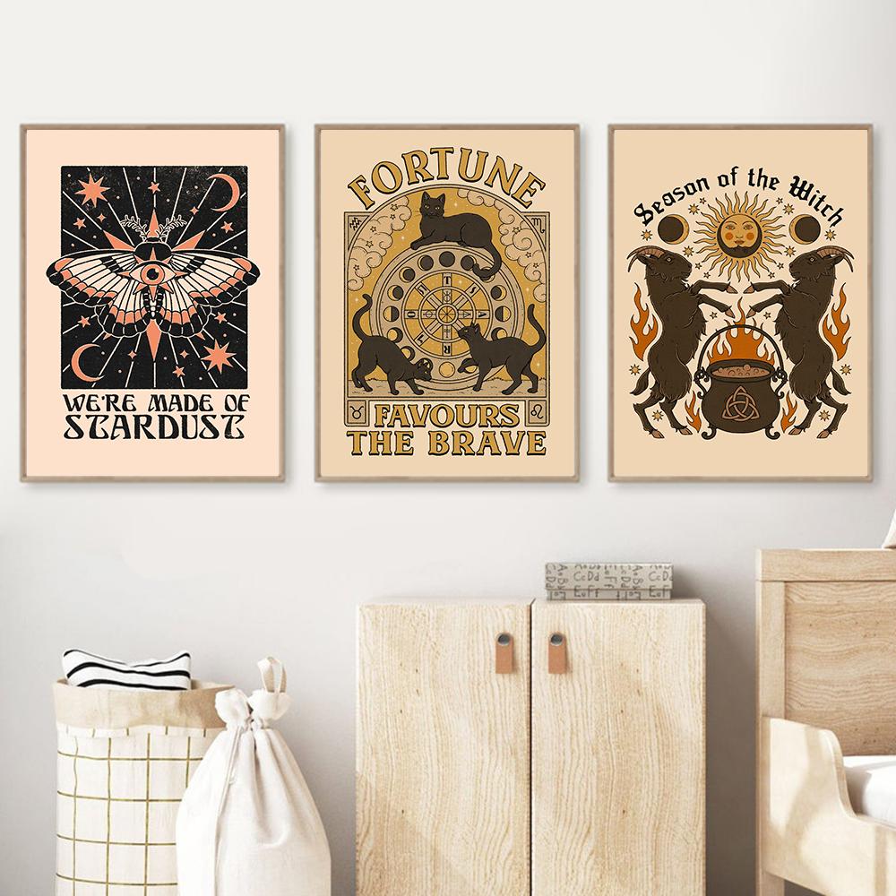 Witch Fortune Sun Moon Stardust Retro Animal Luck Cat Canvas Painting Room Home Decor Tribe Poster Print Vintage Card No Frame