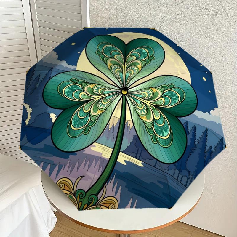 1pc Four-Leaf Clover with Forest Scene Umbrella with Plastic Handle,Suitable for All Seasons Home Travel Outdoor UmbrellaDD1171