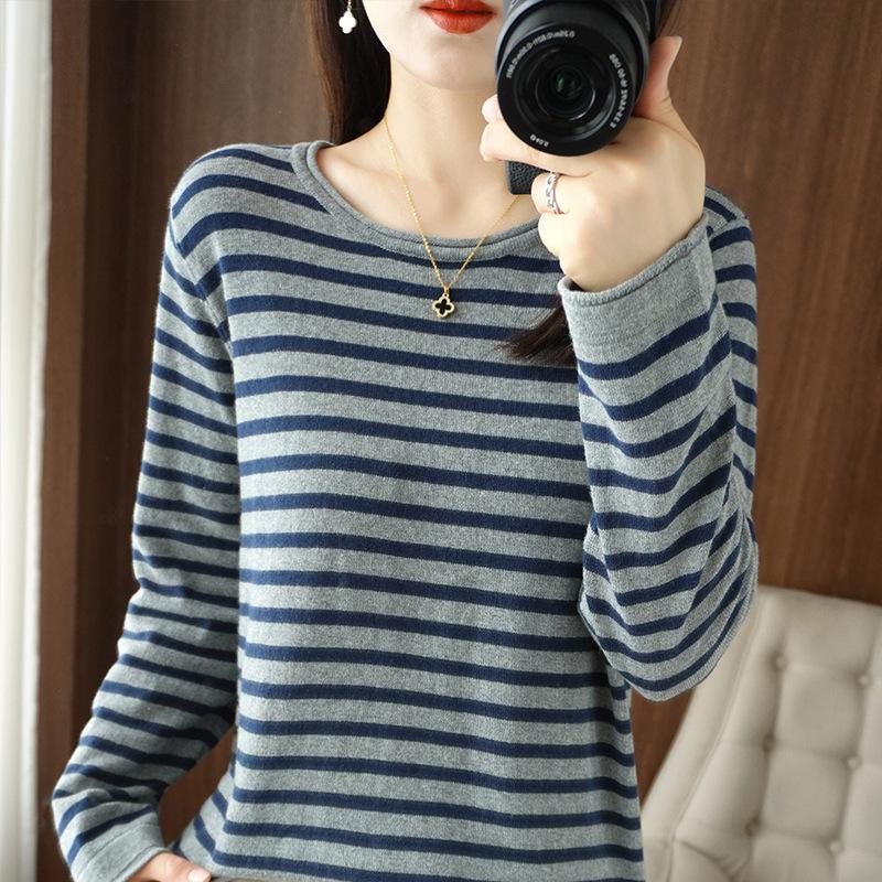 Autumn Spring O-neck Strip Women Sweater Curled Pullover Casual Knit Clothing Fashion Soft Bottoming Sweater Tops