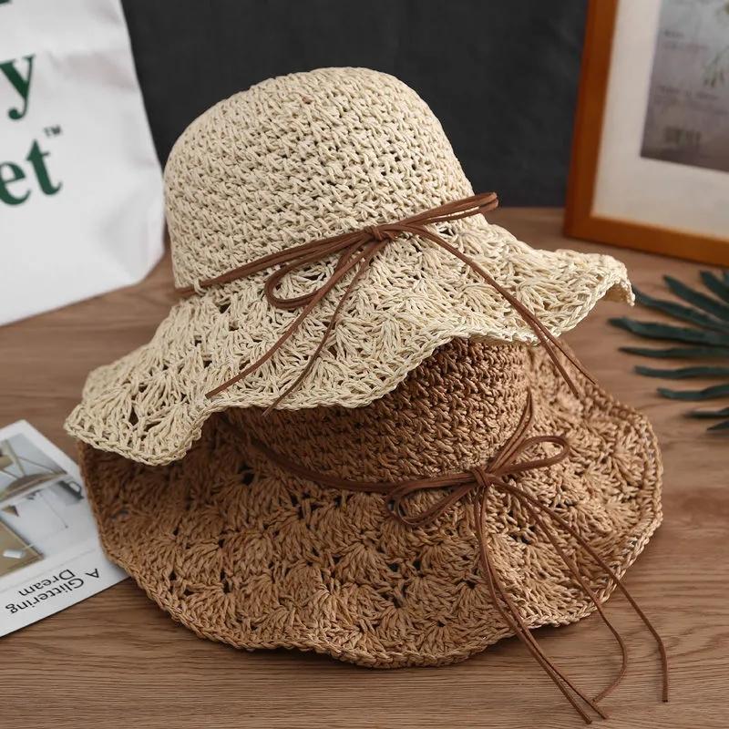 Women's Summer Hollow Out Straw Bow Hat Sunscreen Hat Foldable Vacation Beach Hat Crochet Fisherman Hat All Match Sun Hat