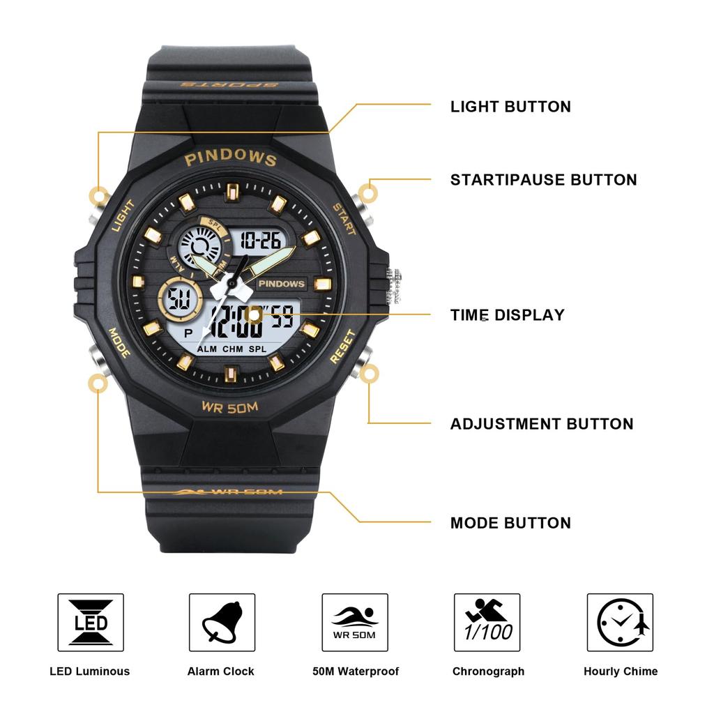 PINDOWS 50M Outdoor Digital Sports LED Alarm Stopwatch Women's Watch, Waterproof, Watch, Multi-function, Backlight, Calendar, Watch,