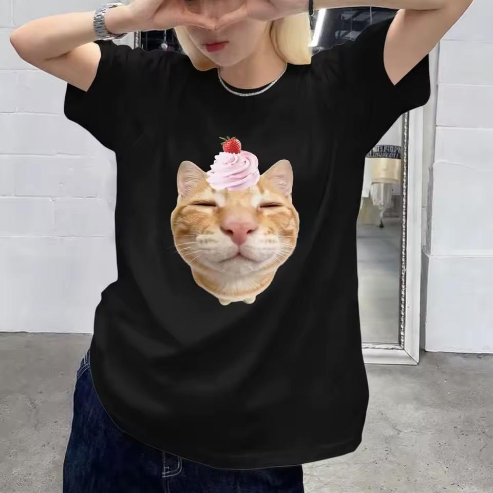 Kawaii Cream Cat Graphic T-Shirt Women Summer Short Sleeve FunnPrint Clothes with y Korean Reviews Women Free Shipping