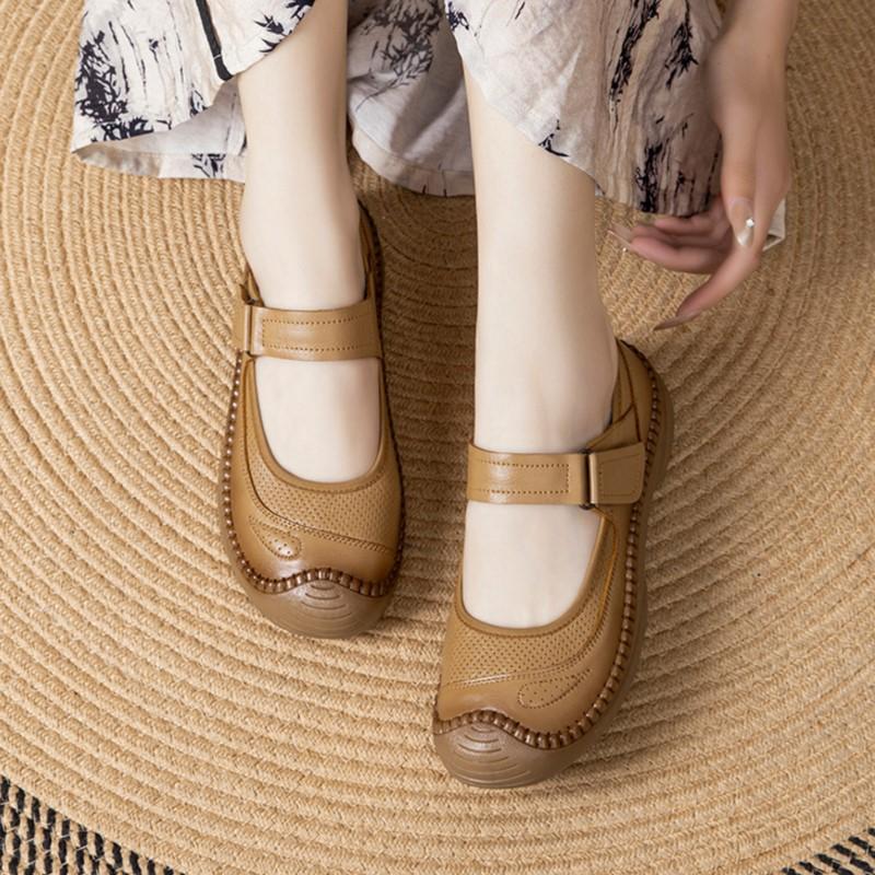 Johnature Genuine Leather Soft Soled Flat Shoes Retro Round Toe Shallow Versatile Comfortable Women's Shoes