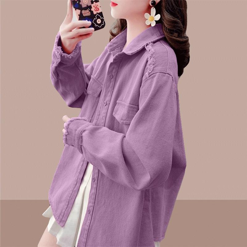Ранняя весна Молодежная и элегантная многослойная куртка для женщин с воротником и карманом Простая однотонная джинсовая рубашка