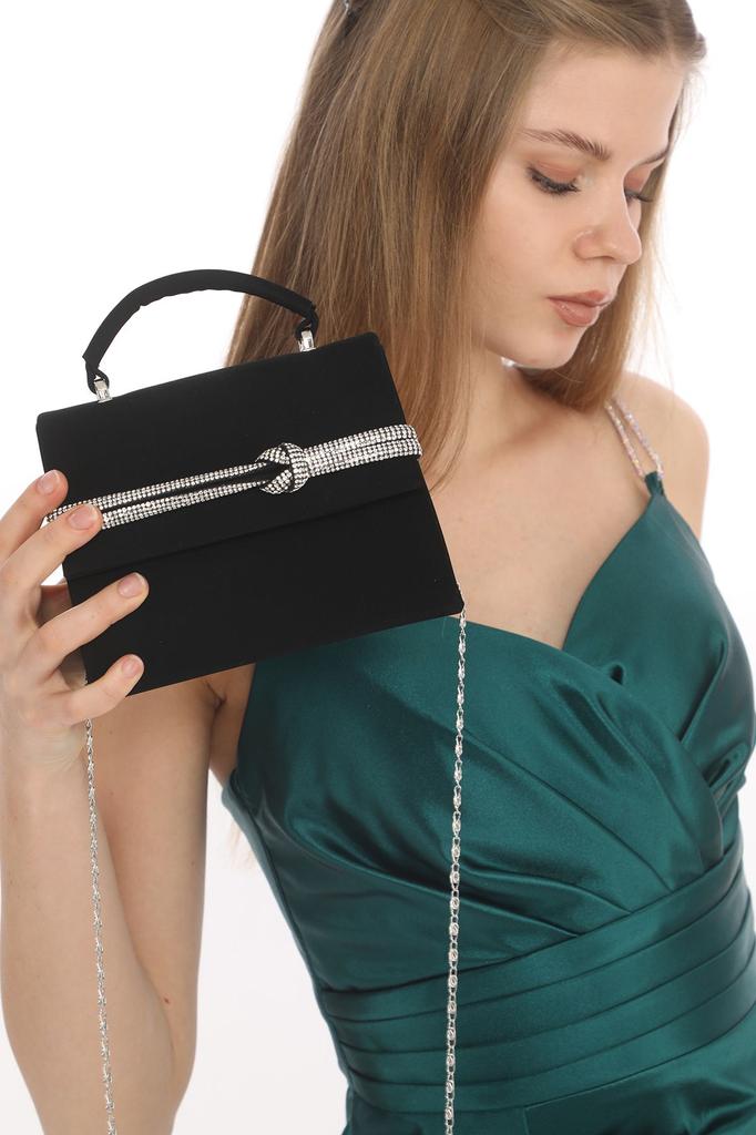 Women's Stylish and Useful Evening Dress Bag Black Color Suede Material Stone Accessory Magnetic Closure Shoulder Strap Available (Small Size)