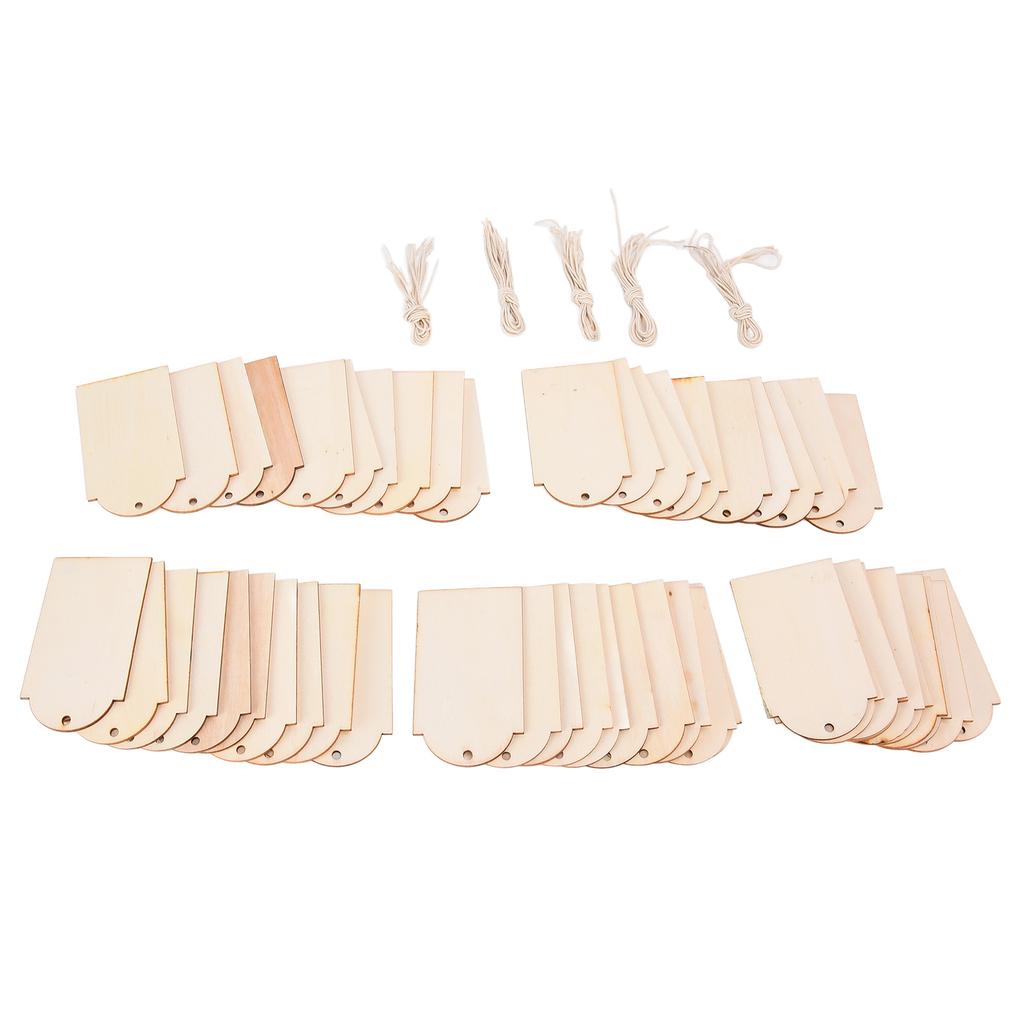 50pcs Wood Pieces DIY Natural Rustic Unfinished Wood with Hemp Rope for Handicraft Bookmarks Gift Labels Decoration