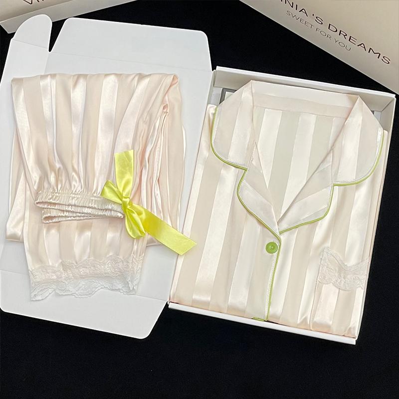 Spring Autumn New Ice Silk Soft Pajama Sets for Women Lace Lapel Cardigan Outfits for Women 2 Piece Set Sweet Pink Women Pajama