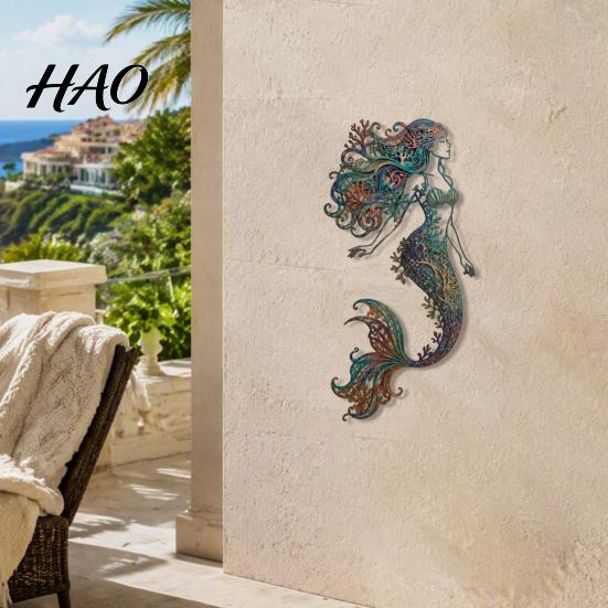 Unique Housewarming Gifts Metal Mermaid Wall Decoration, Three-dimensional Hollow Iron Art Weather Resistant Sculpture, Retro Ocean Style Hanging