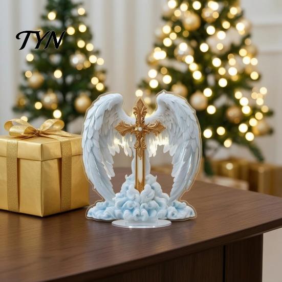 Christmas Tabletop Decorations Angel Wings Cross Table Sign, Acrylic Religious Wing Statue, Large Modern Art Piece Ornaments for Home Living