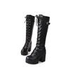 New Style Hot Sale Spring Autumn Lacing Knee High Boots Women White Square Heel Woman Leather Shoes Winter Large Size 43